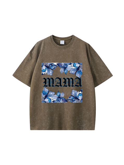 270g Blue Mama Printed Wash Old Cotton T-shirt