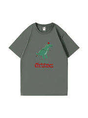 Christmas Dinosaur Printed Cotton T-Shirt Fun and Festive Tee for Holiday Cheer and Dino Lovers