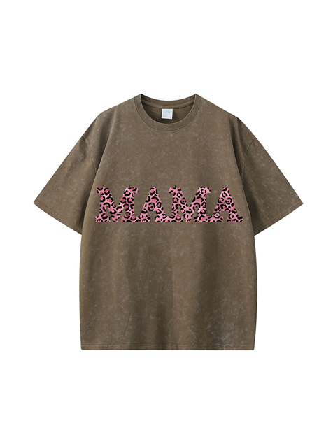270g Leopard Print MAMA Printed Wash Old Cotton T-shirt