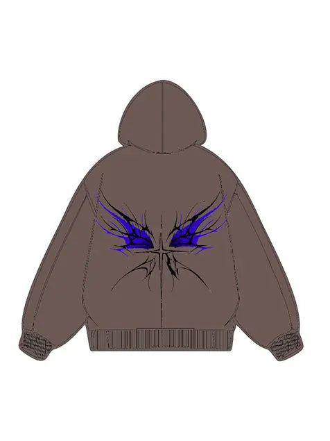 360g Back Blue Butterfly Printed Wash Old Cotton Hoodie