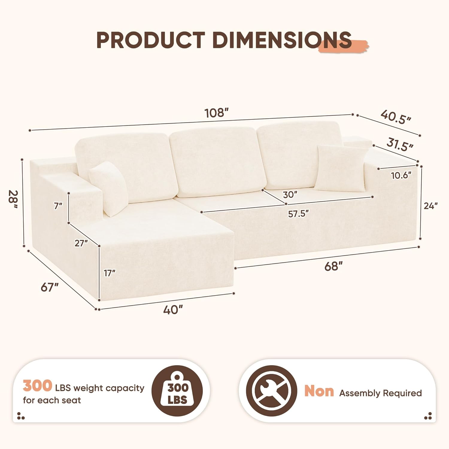 108" Modular Sectional Sofa Boneless Couch with L-Shape Chaise
