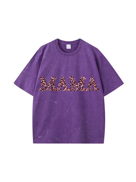 270g Leopard Print MAMA Printed Wash Old Cotton T-shirt