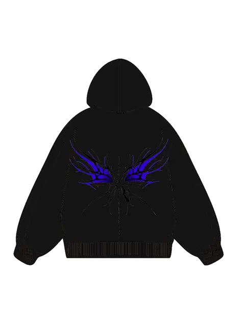 360g Back Blue Butterfly Printed Wash Old Cotton Hoodie