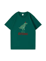 Christmas Dinosaur Printed Cotton T-Shirt Fun and Festive Tee for Holiday Cheer and Dino Lovers