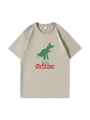 Christmas Dinosaur Printed Cotton T-Shirt Fun and Festive Tee for Holiday Cheer and Dino Lovers