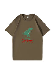 Christmas Dinosaur Printed Cotton T-Shirt Fun and Festive Tee for Holiday Cheer and Dino Lovers