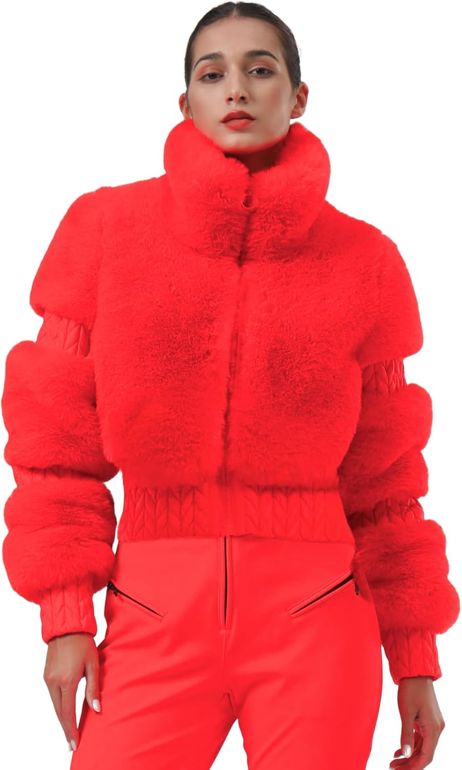 Women Ski Jacket Faux Fur Snowboard Coat Snow Cropped Jacket
