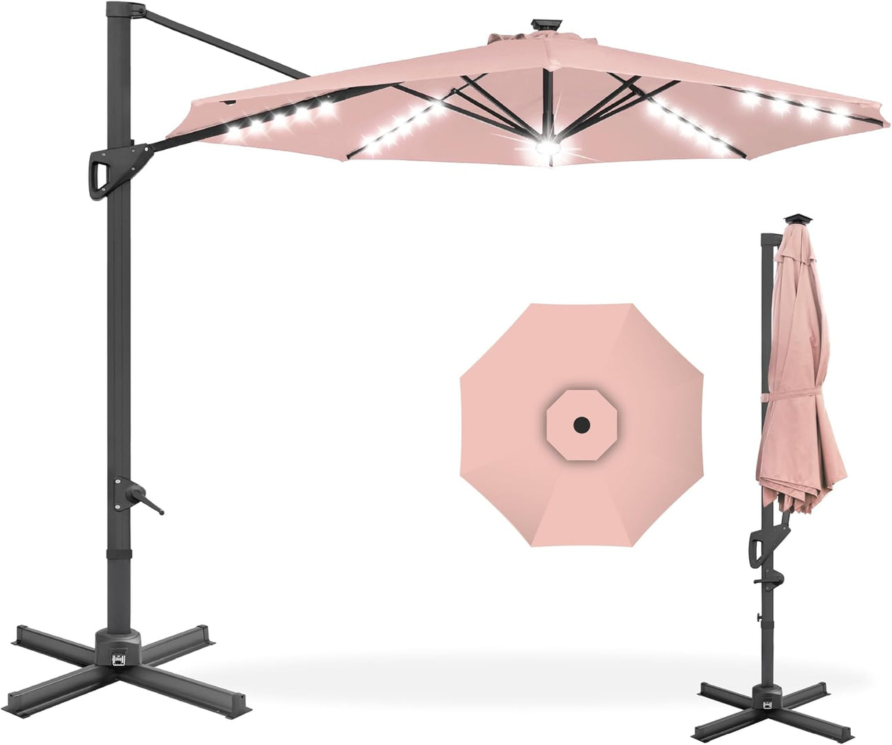 10ft Solar LED Cantilever Patio Umbrella with Lights and 360 Rotation for Outdoor Use