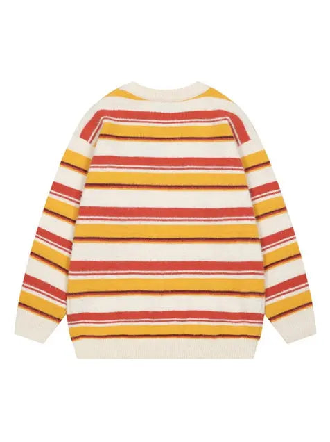 Round Neck Color Block Striped Retro Women Sweater
