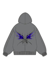 360g Back Blue Butterfly Printed Wash Old Cotton Hoodie