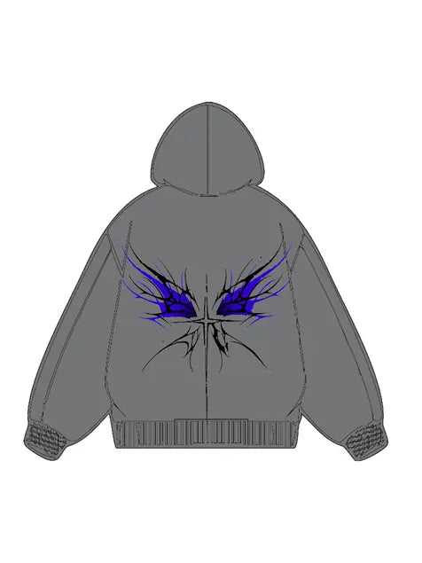 360g Back Blue Butterfly Printed Wash Old Cotton Hoodie