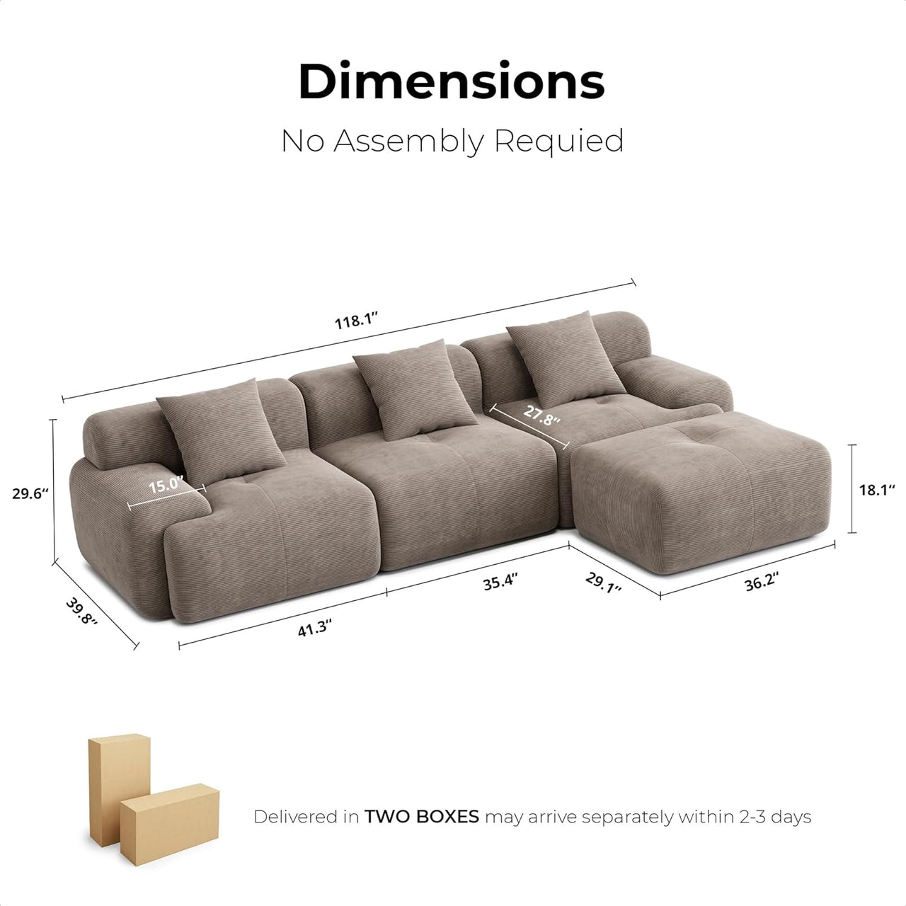118 Inch L Shaped Modular Sofa with Ottoman Corduroy Beige