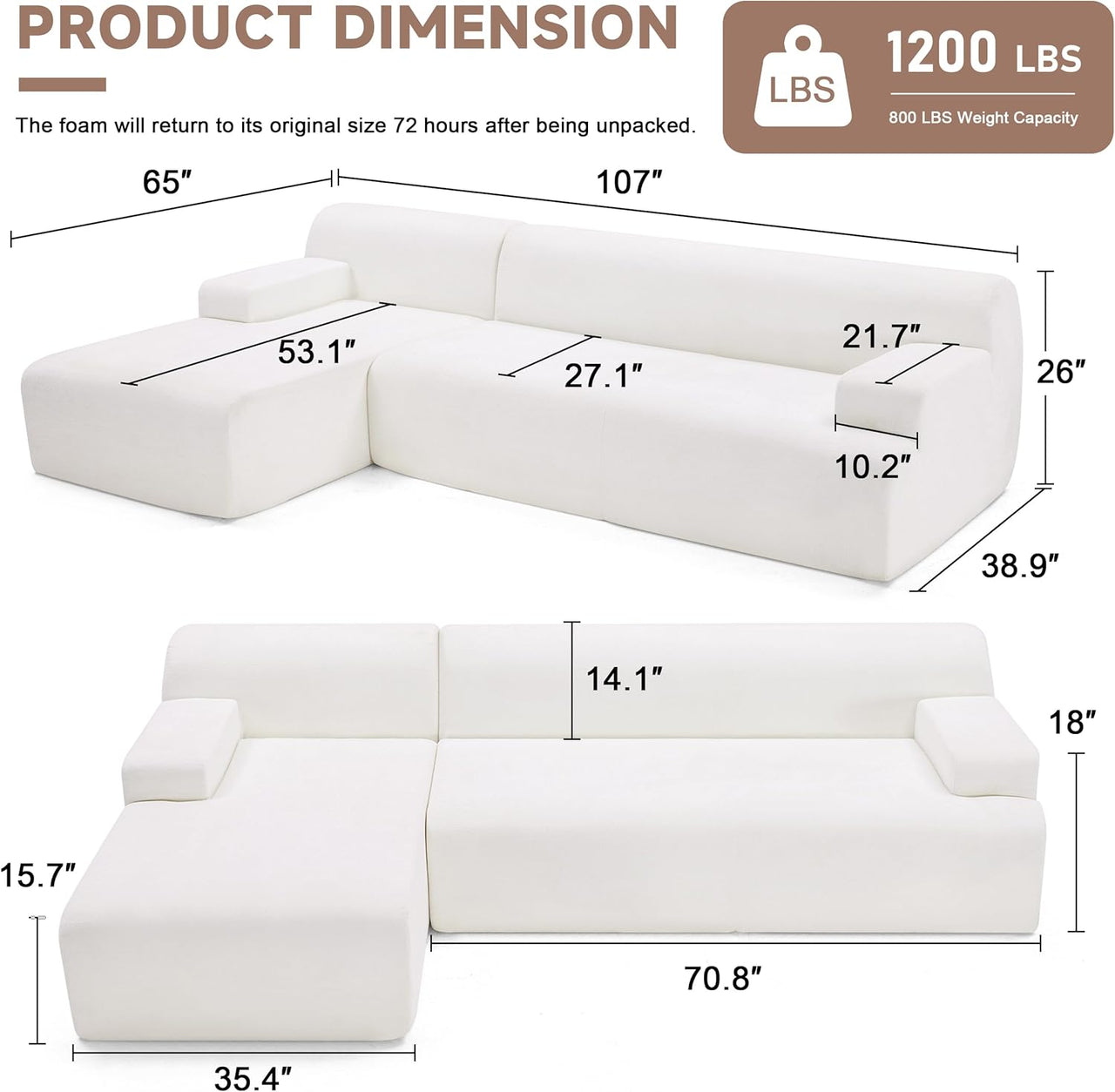 107 Inch Modular L Shaped Sofa with Chaise Cloud Couch Beige