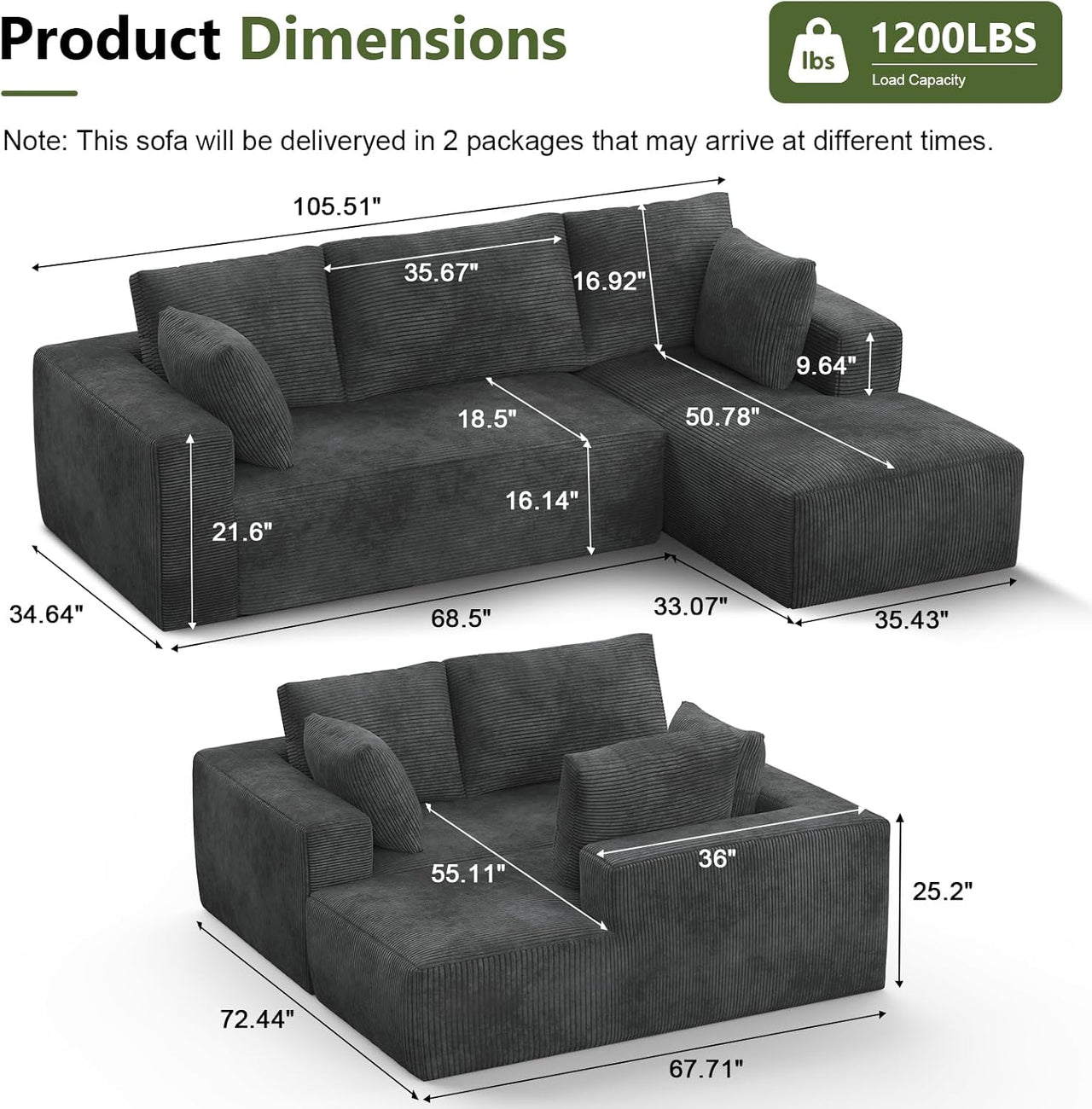 108 Inch Modular Sectional Sofa with Chaise Corduroy Upholstery