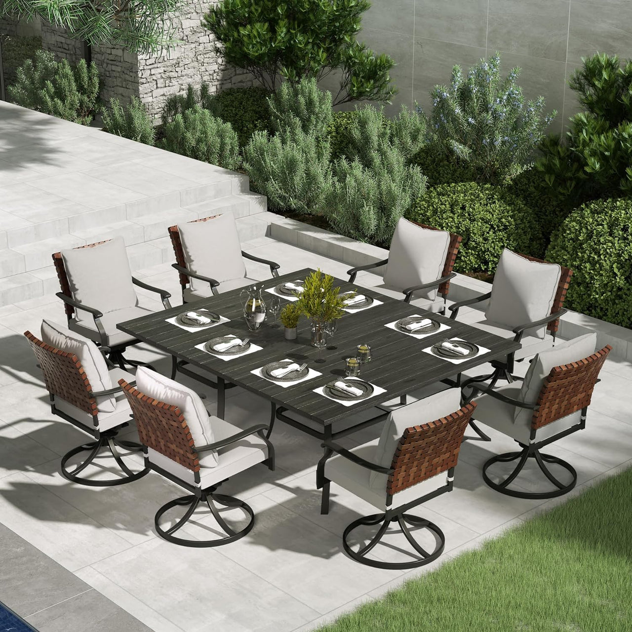 10 Piece Outdoor Dining Set 8 Leather-Look Wicker Swivel Patio Chairs