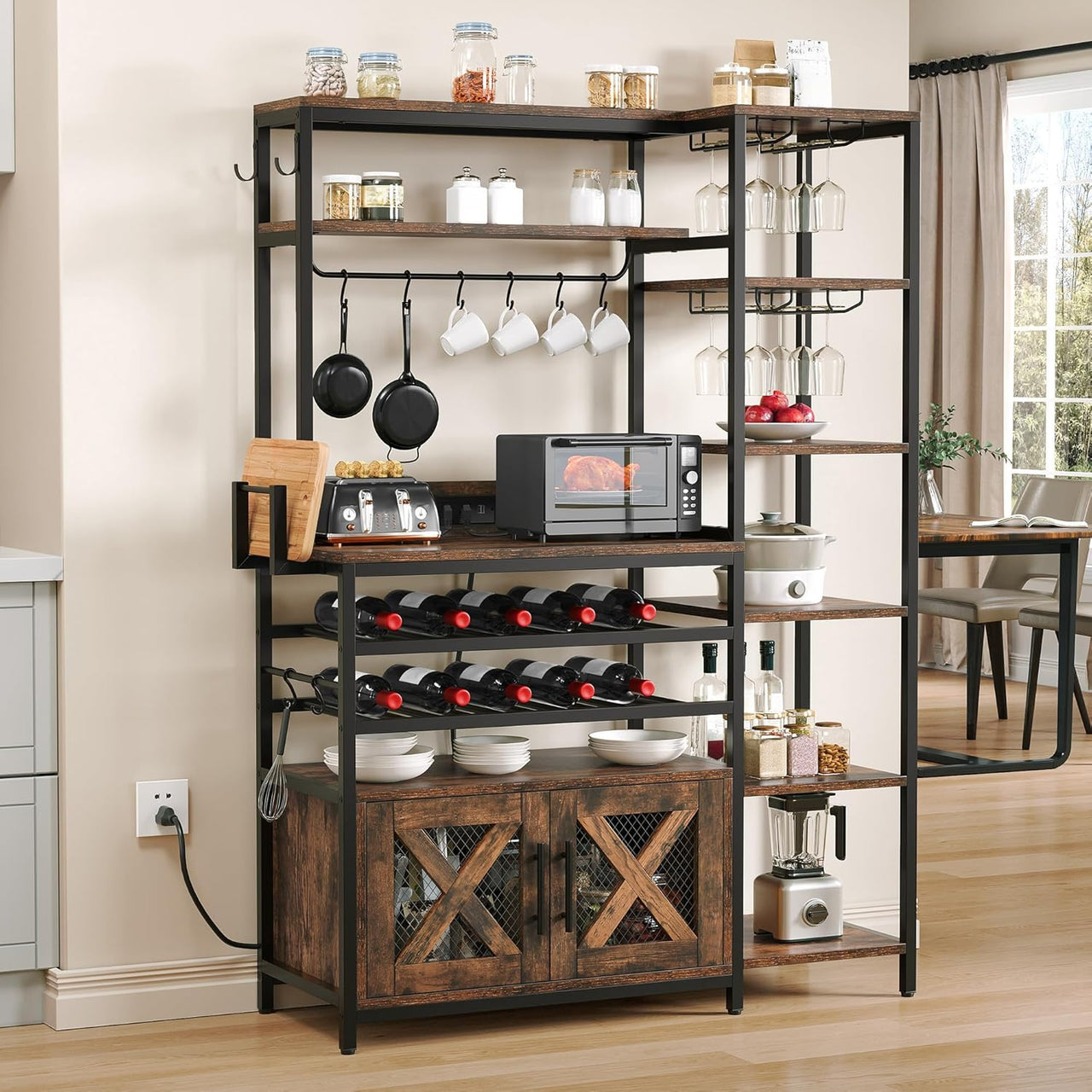 YITAHOME Large Industrial L Shaped 6-Tier Wine Rack Bakers Rack, Rustic Brown