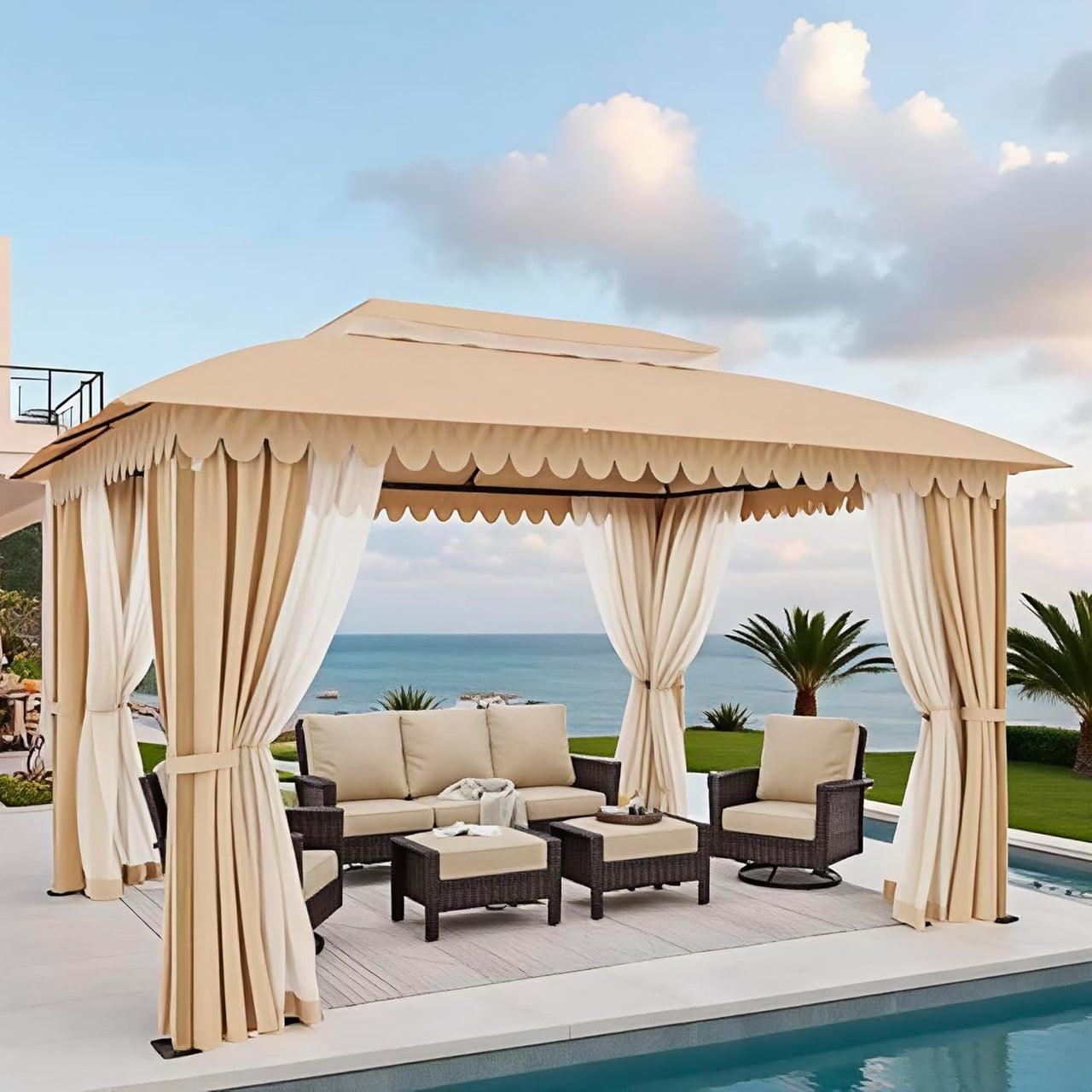 10x13 Outdoor with Screened Double Roof Heavy-Duty Patio Canopy Tent Dark Blue