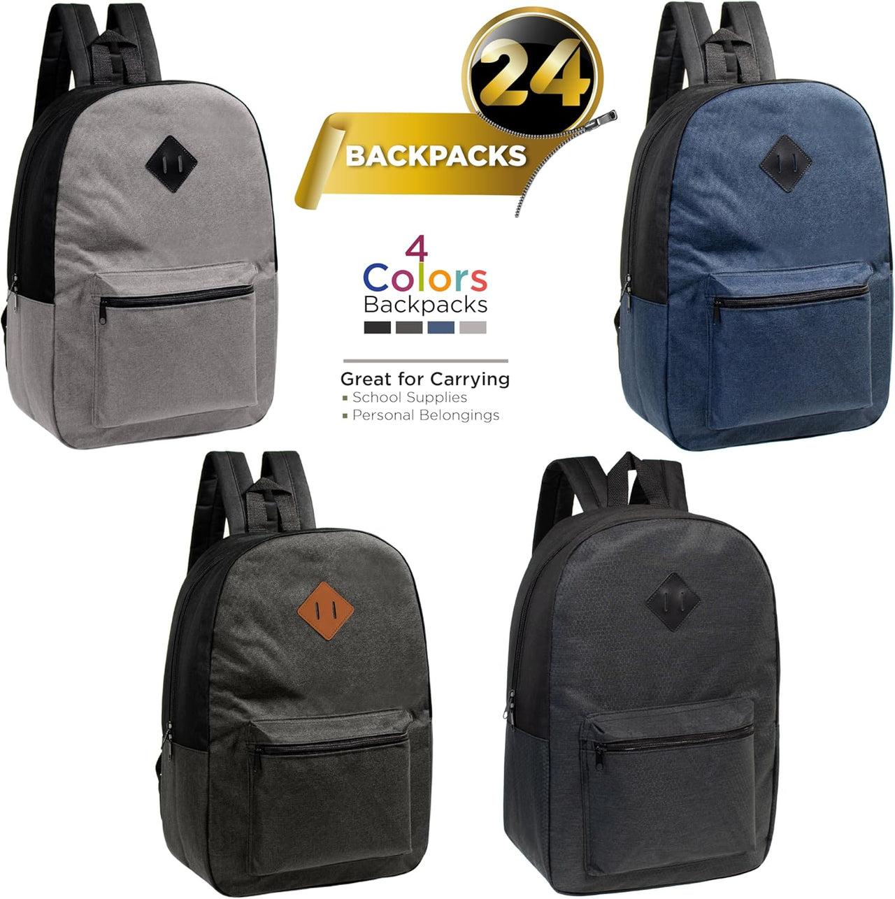24 Pack 17 Inch Classic Kids Backpacks in 8 Assorted Colors