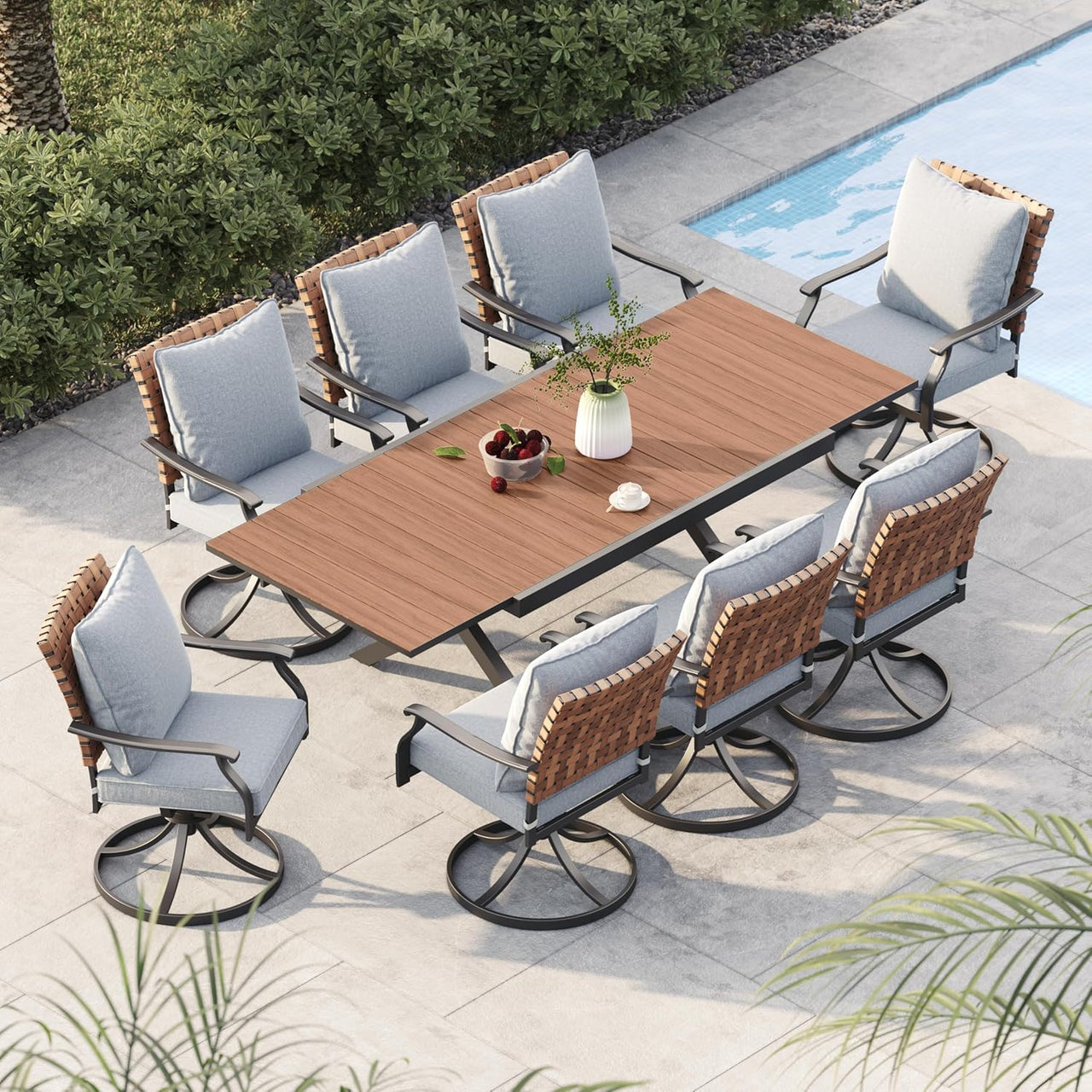 10 Piece Outdoor Dining Set 8 Leather-Look Wicker Swivel Patio Chairs