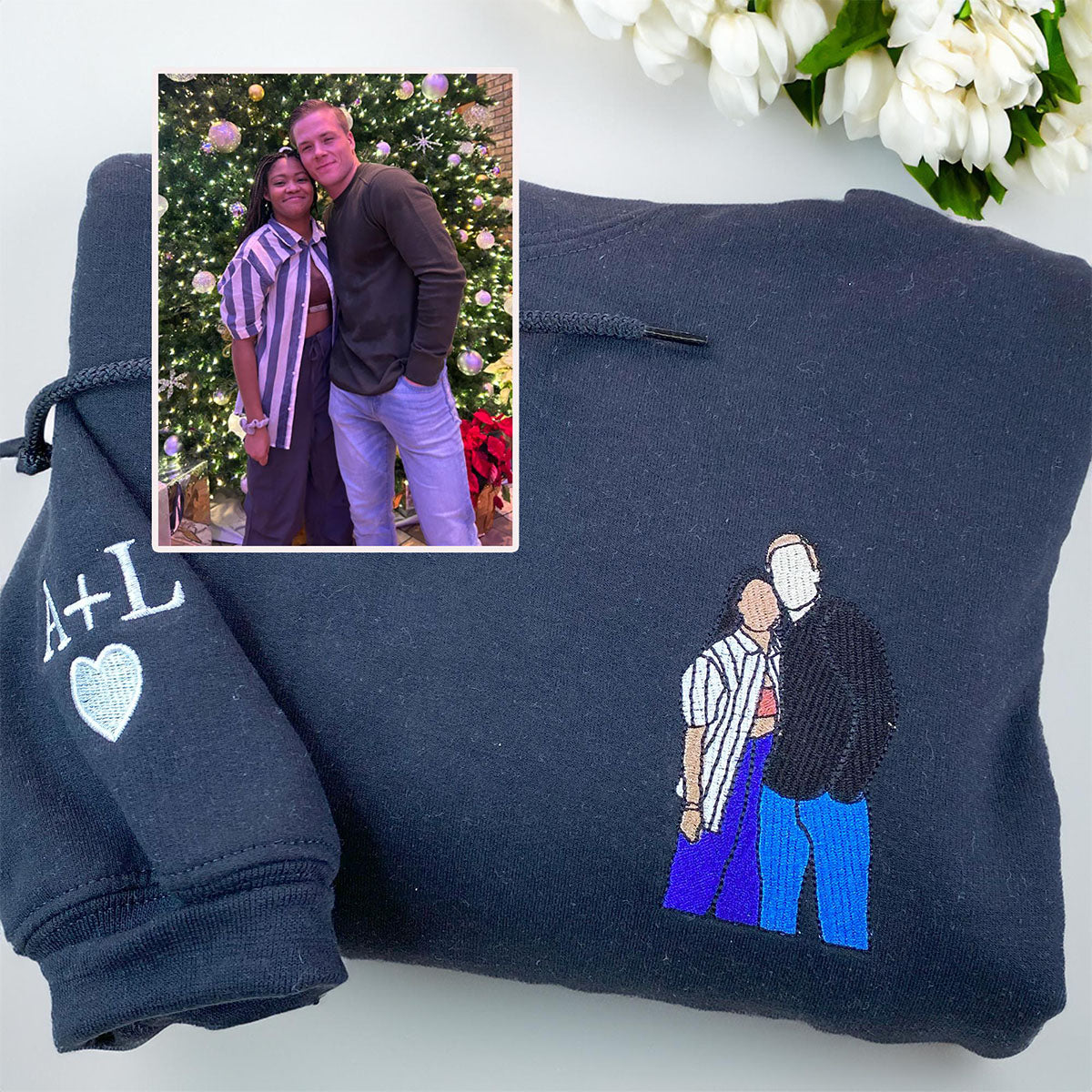 Custom Embroidered Anniversary Sweatshirts Personalized Full-Color Couple Portrait