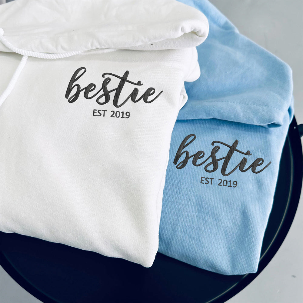 Custom Bestie Sweatshirt with Name on Sleeve Birthday Gift for Best Friends