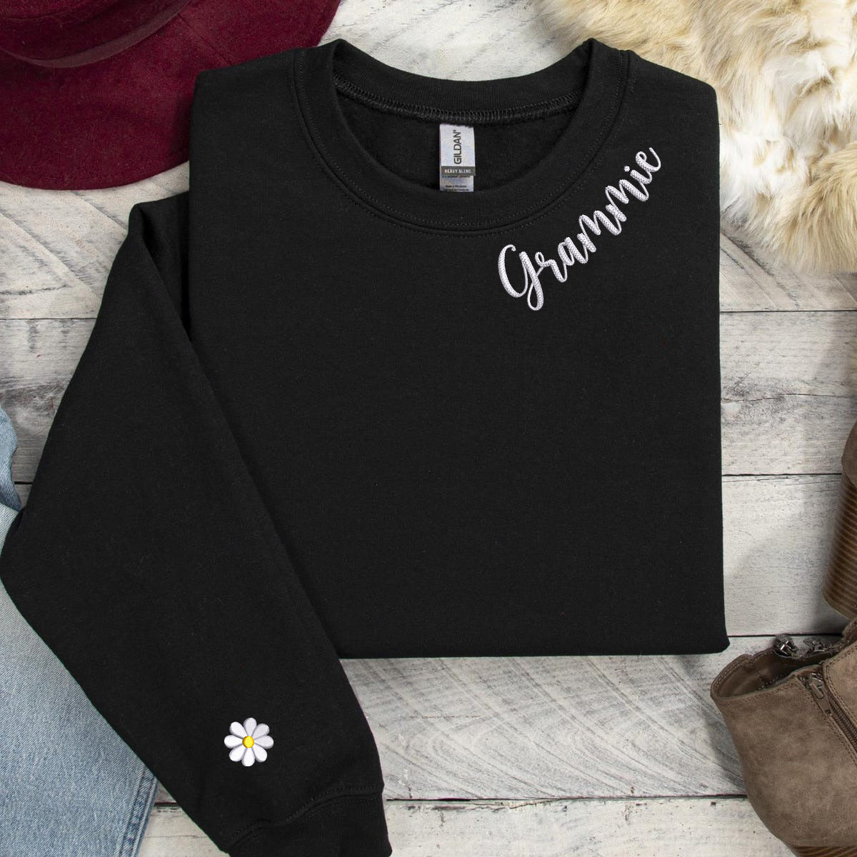 Custom Embroidered Grammie Sweatshirt Hoodie with Grandson Names on Sleeve