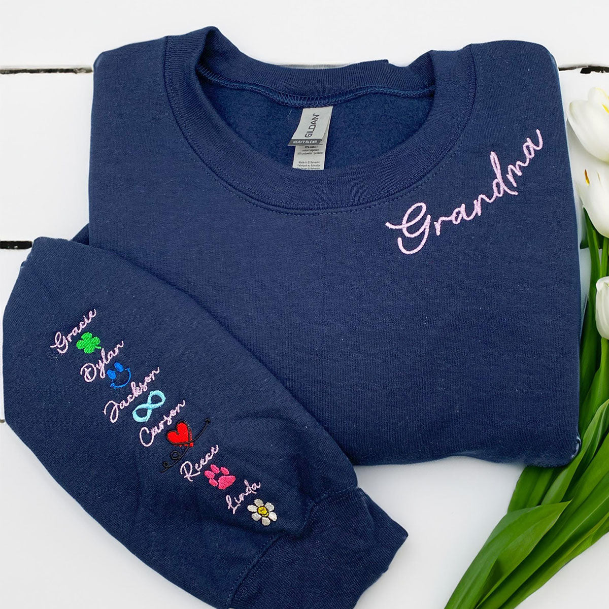 Custom Embroidered Grandma Sweatshirts Personalized Crewneck with Grandkids Name on Sleeve