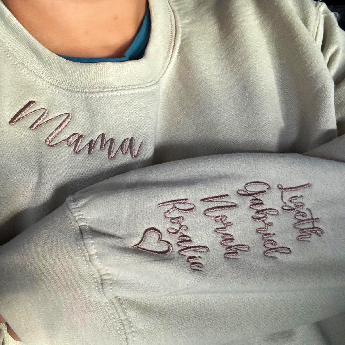 Custom Embroidered Mama Sweatshirt with Kids Names on Sleeve