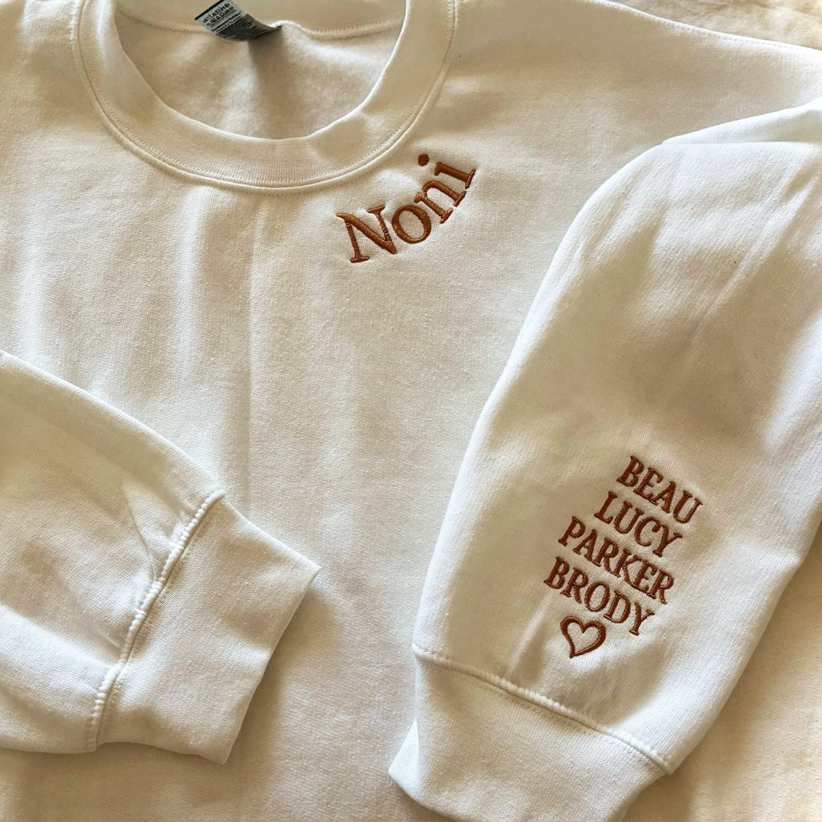 Custom Embroidered Noni Sweatshirt with Kids Names on Sleeve