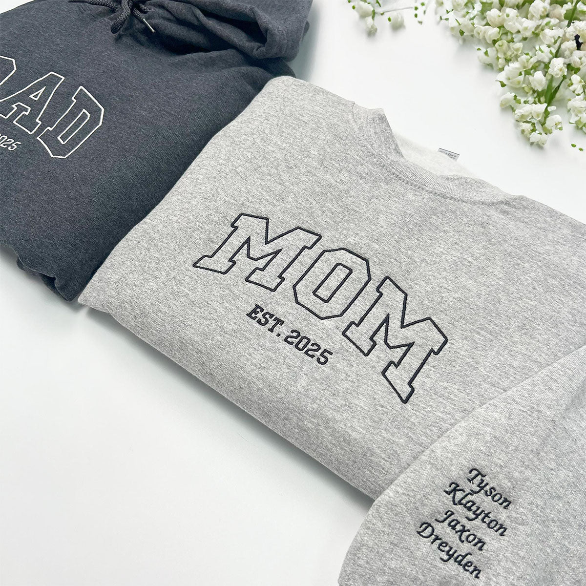 Custom Embroidered Sweatshirts Personalized Mom with Kid Names on Sleeve