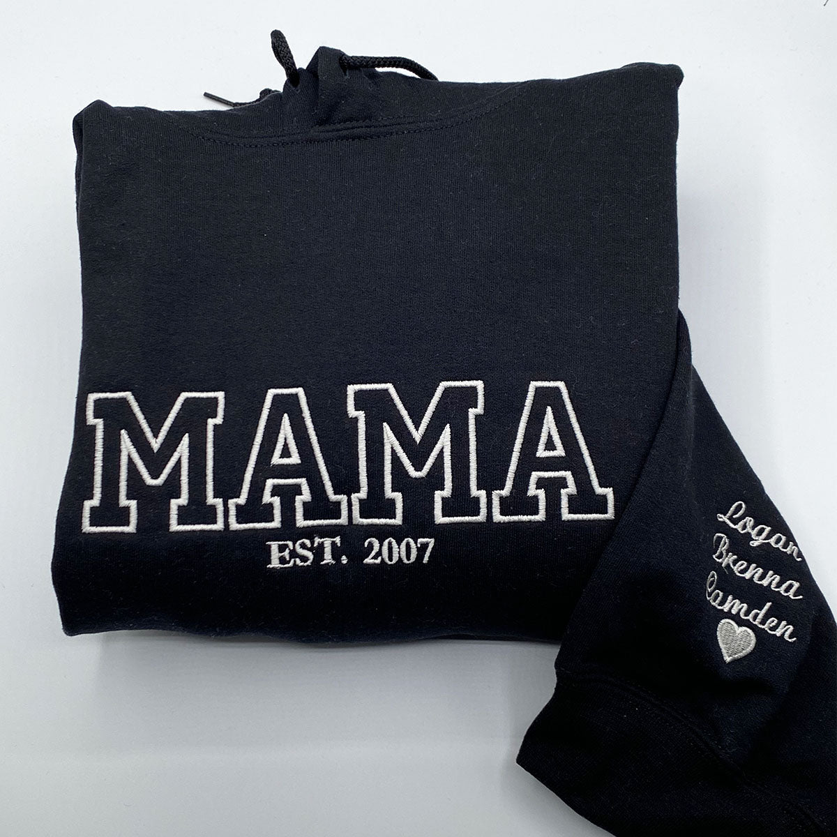 Custom Embroidered Sweatshirts Personalized Mom with Kid Names on Sleeve