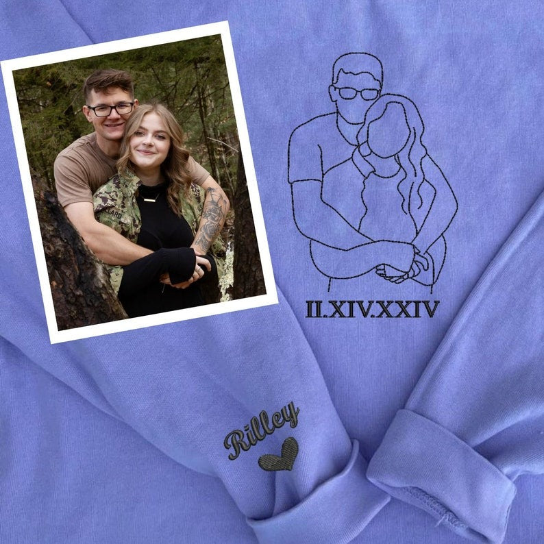 Custom Embroidered Portrait Sweatshirt from Photo Outline with Picture for Couple