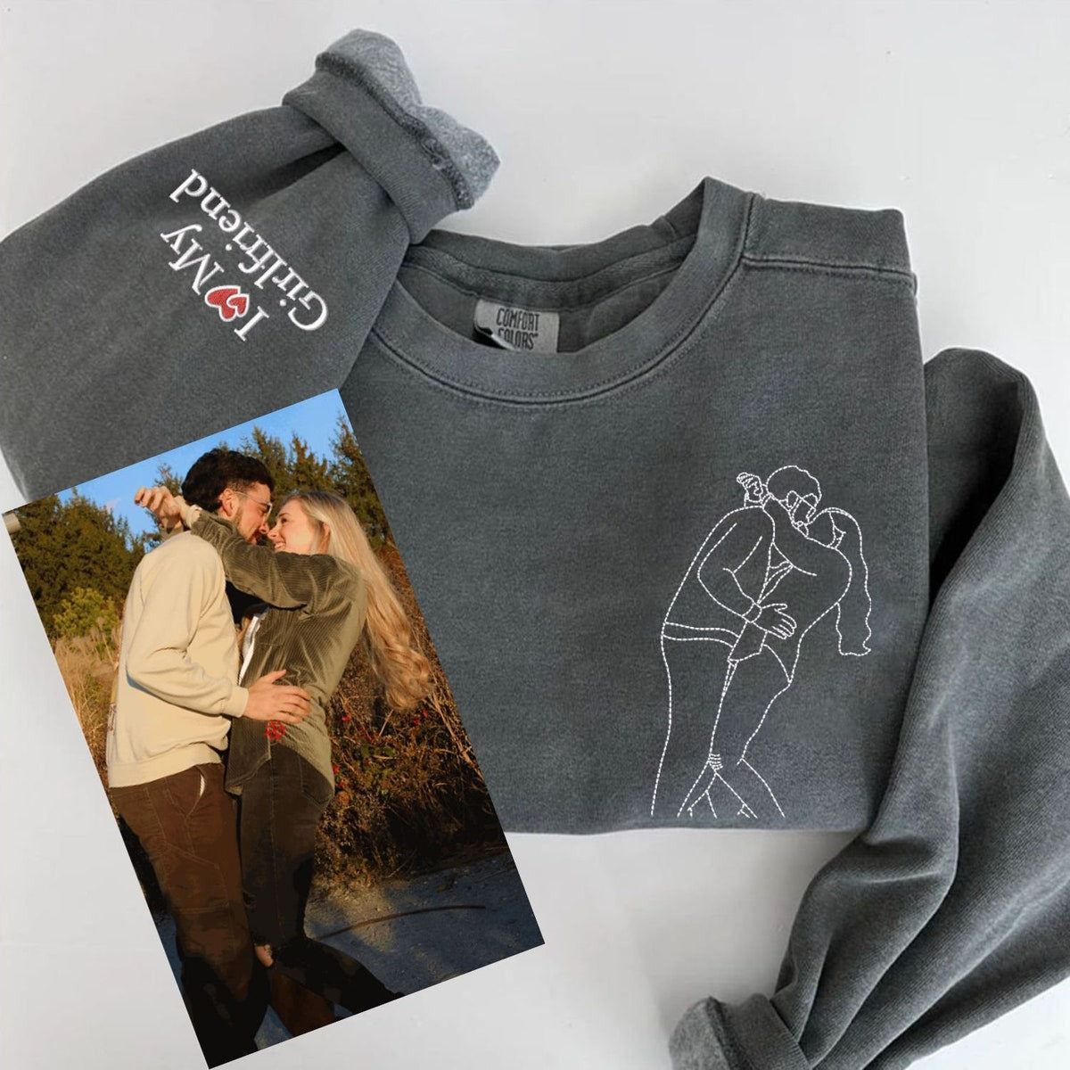 Custom Embroidered Portrait Sweatshirt from Photo Outline with Picture for Couple
