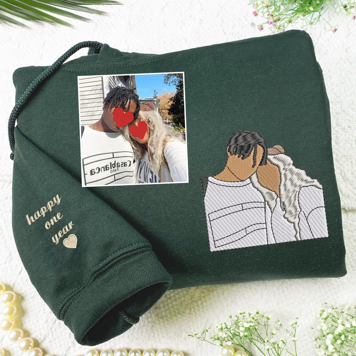 Custom Couple Portrait Embroidered Hoodie Couple Matching Photo Sweatshirt