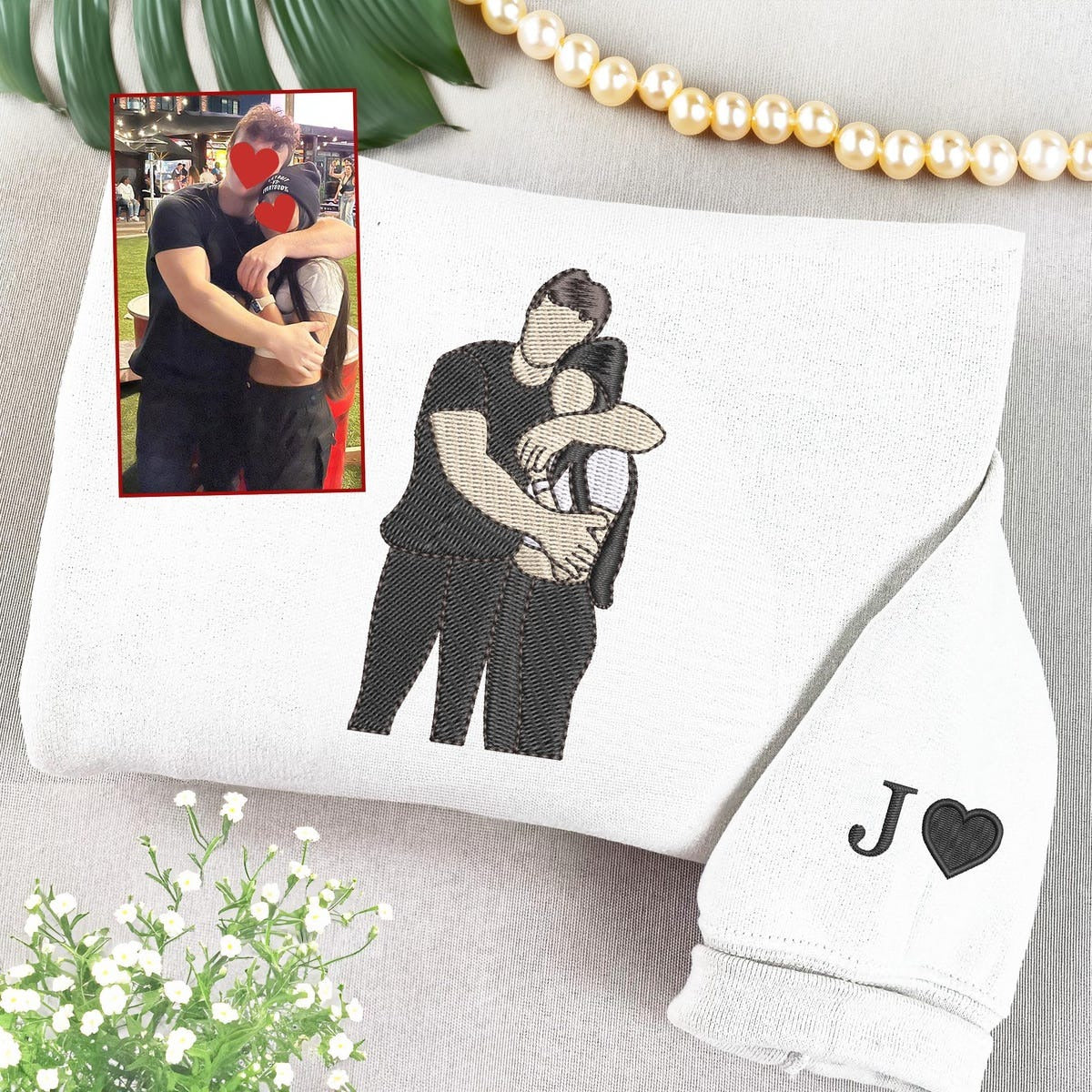 Custom Couple Portrait Embroidered Hoodie Couple Matching Photo Sweatshirt