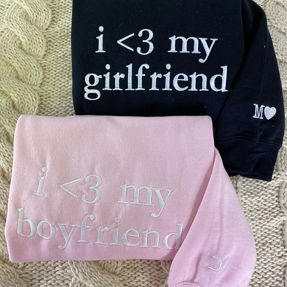 Custom I Love My Boy Girl Friend Sweatshirt with Initials on Sleeve