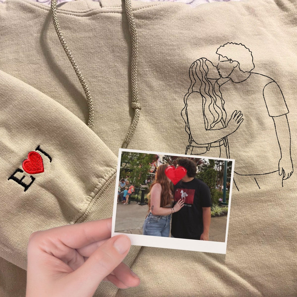Custom Embroidered Photo Outline Hoodie Personalized Gift for Valentine's Day