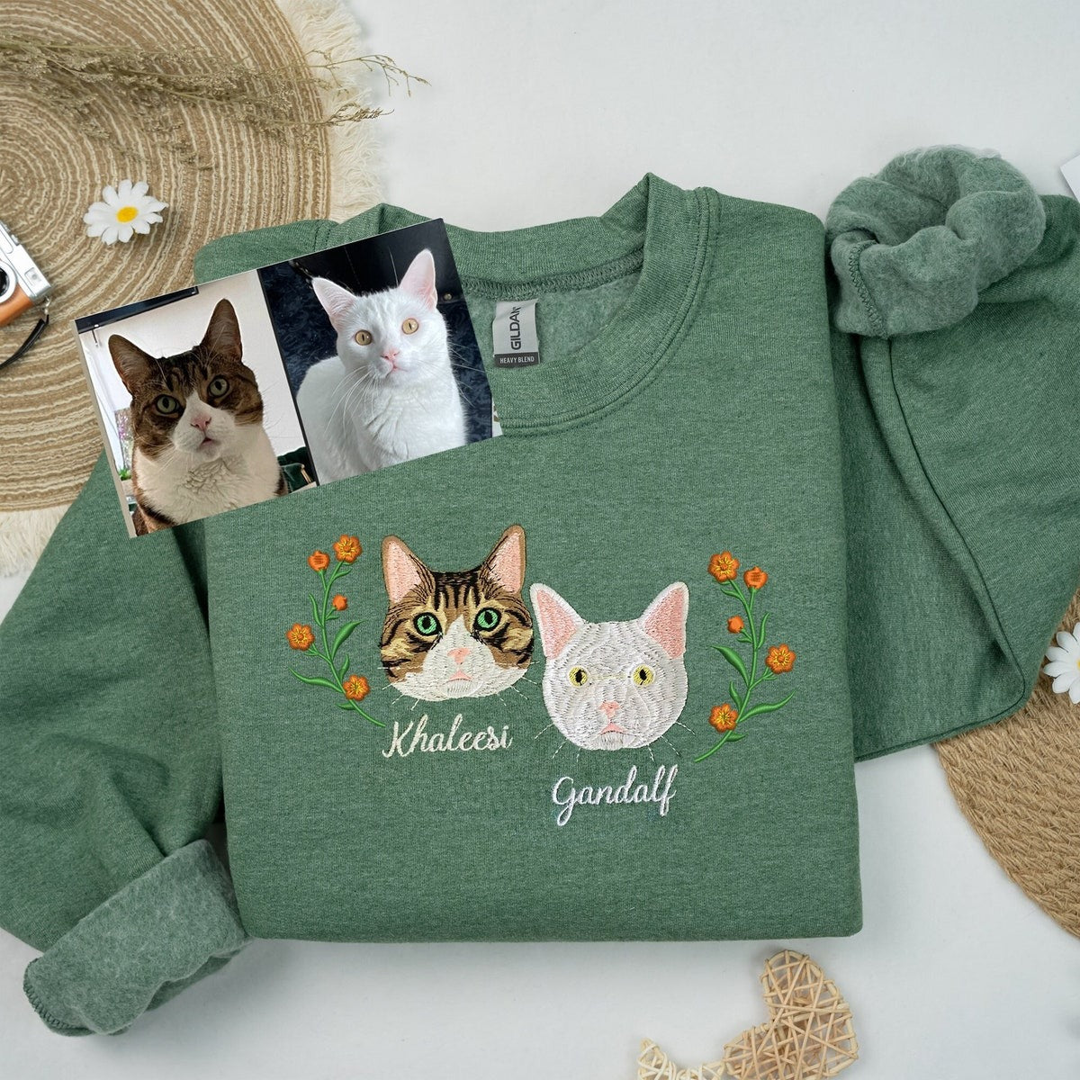 Custom Embroidered Cat Portrait Sweatshirt International Cat Day Gift For Cat Lover