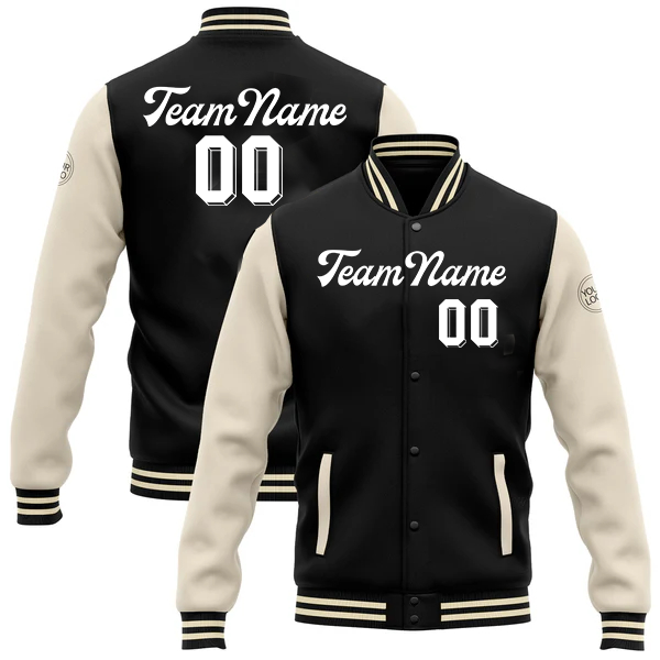 Men Custom Black Cream Bomber Full-Snap Varsity Letterman Two Tone Baseball Jacket