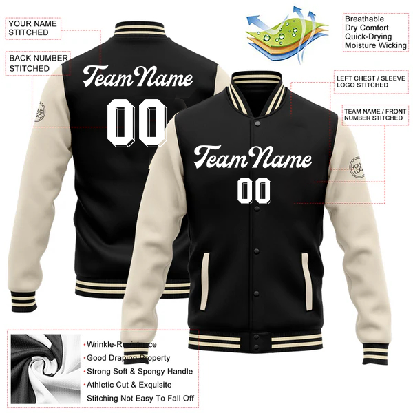 Men Custom Black Cream Bomber Full-Snap Varsity Letterman Two Tone Baseball Jacket