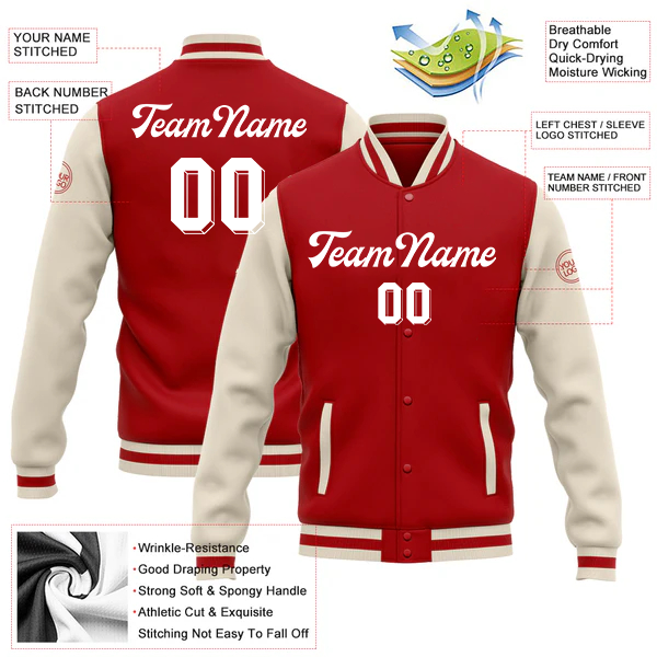 Men Custom Red Cream Bomber Full-Snap Varsity Letterman Two Tone Baseball Jacket