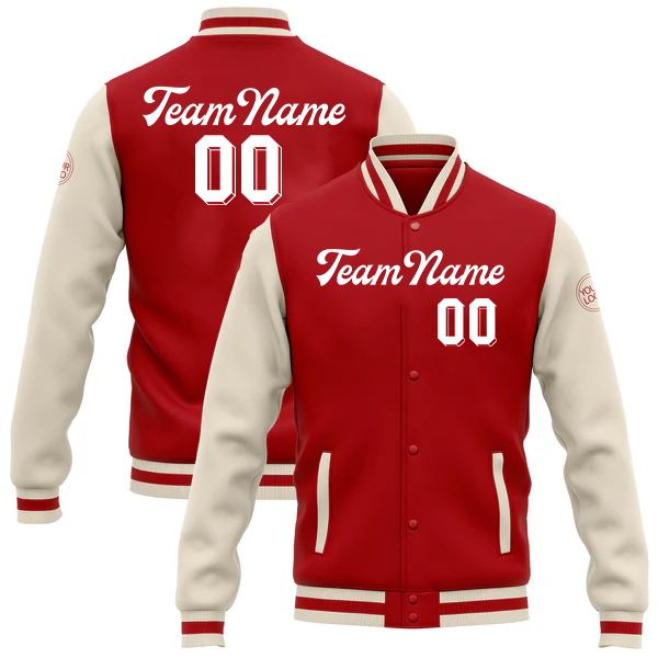 Men Custom Red Cream Bomber Full-Snap Varsity Letterman Two Tone Baseball Jacket