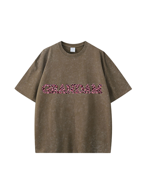 270g Leopard Print Grandma Letter Printed Wash Old Cotton T-shirt