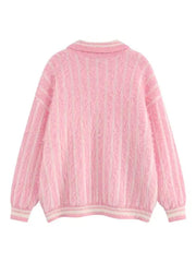 Striped Drop Shoulder Polo Neck Front Sweater