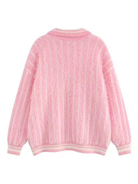 Striped Drop Shoulder Polo Neck Front Sweater