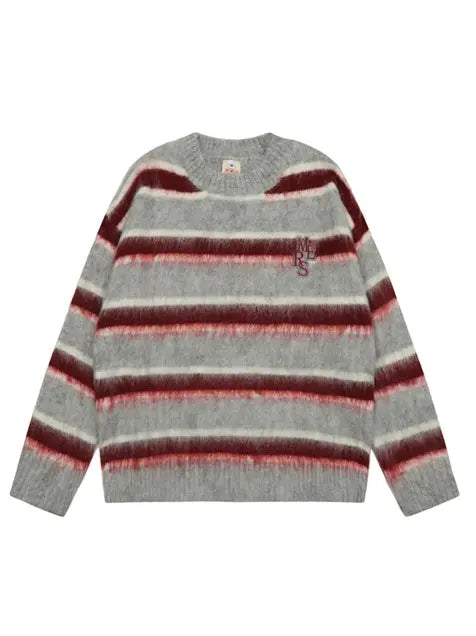 Round Neck Color Block Striped Retro Women Sweater