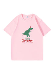 Christmas Dinosaur Printed Cotton T-Shirt Fun and Festive Tee for Holiday Cheer and Dino Lovers