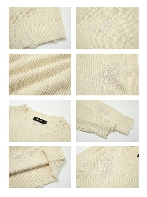 Men Cross Embroidered Crew Neck Sweater