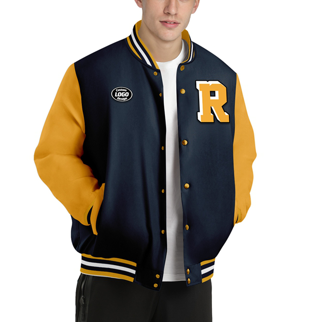 Men Custom Navy Blue Yellow Letterman Two-Tone Baseball Jacket