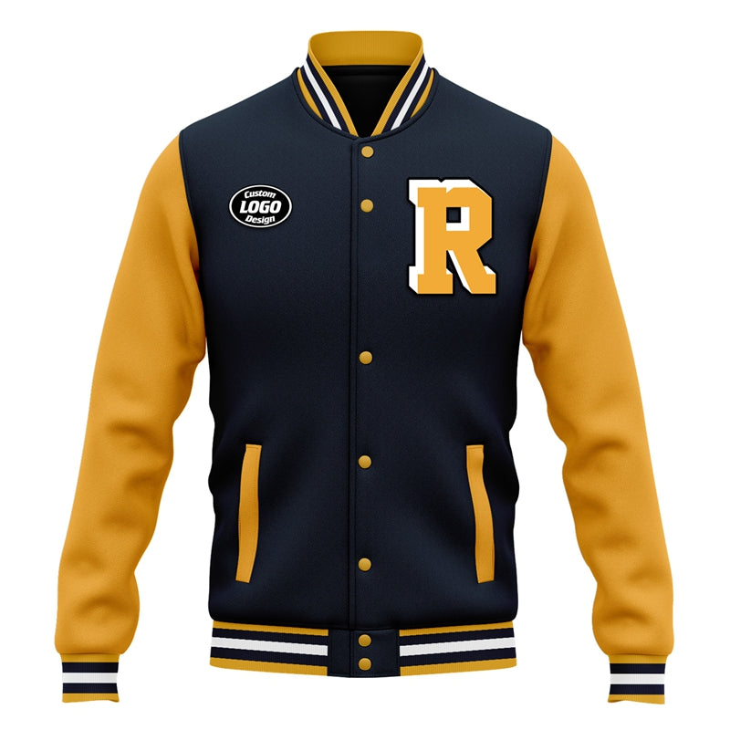 Men Custom Navy Blue Yellow Letterman Two-Tone Baseball Jacket